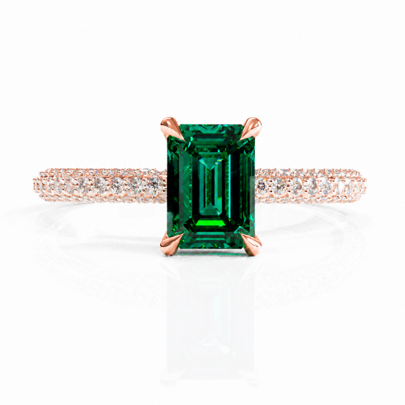 Emerald Cut Lab Grown Emerald Hidden Halo Pave Engagement Ring  - Image 2