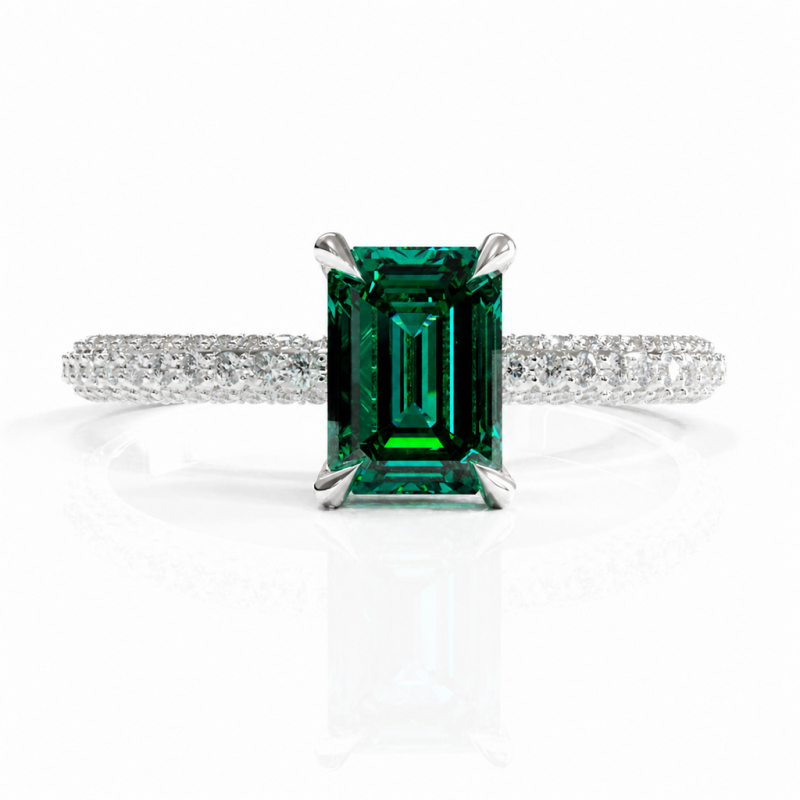 Emerald Cut Lab Grown Emerald Hidden Halo Pave Engagement Ring  - Image 3