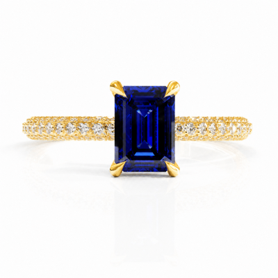 Emerald Cut Lab Grown Sapphire Hidden Halo Pave Engagement Ring 