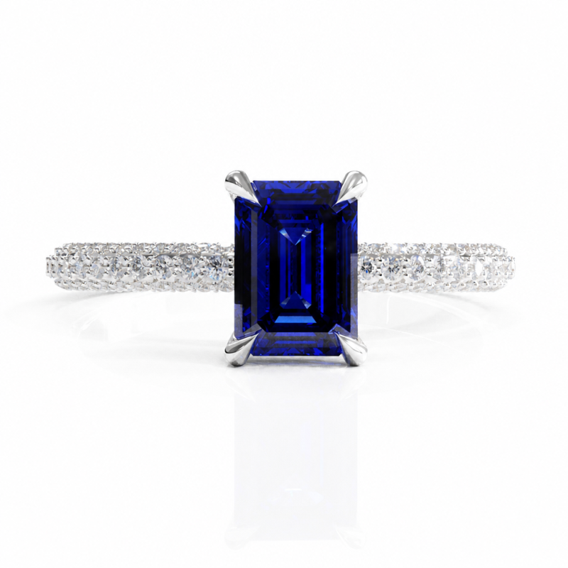 Emerald Cut Lab Grown Sapphire Hidden Halo Pave Engagement Ring  - Image 3
