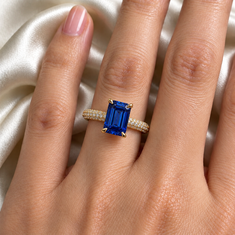 Emerald Cut Lab Grown Sapphire Hidden Halo Pave Engagement Ring  - Image 5