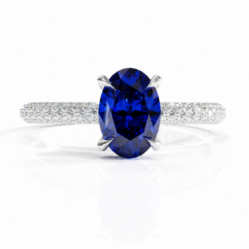 Oval Cut Lab Grown Sapphire Hidden Halo Pave Engagement Ring  - Image 3