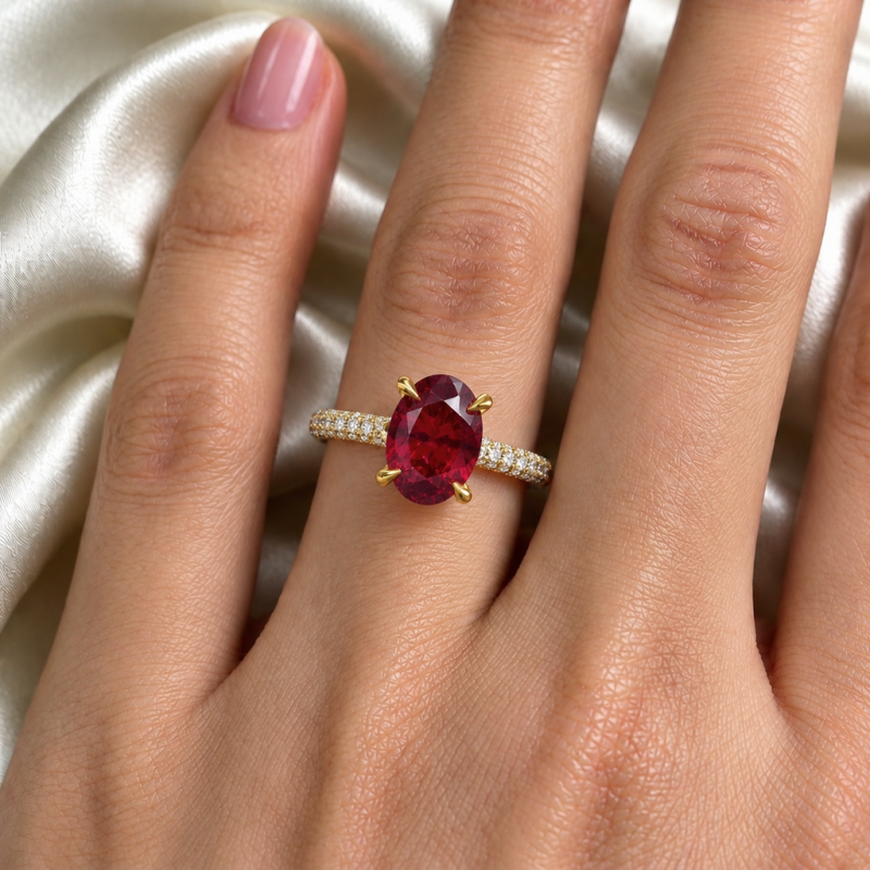 Oval Cut Lab Grown Ruby Hidden Halo Pave Engagement Ring  - Image 5
