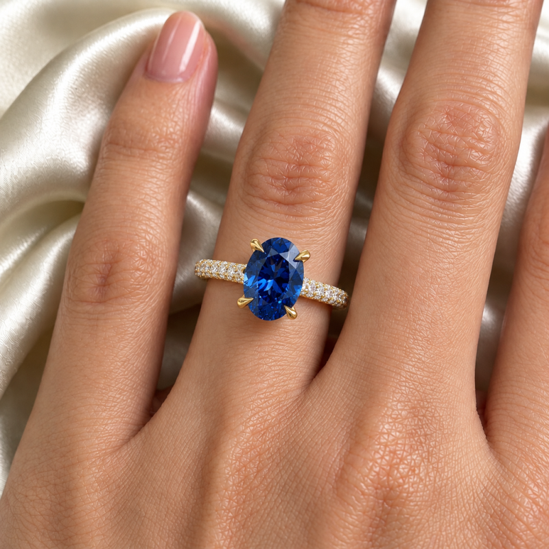 Oval Cut Lab Grown Sapphire Hidden Halo Pave Engagement Ring  - Image 5