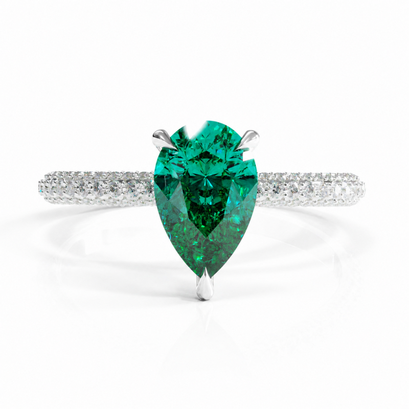 Pear Cut Lab Grown Emerald Hidden Halo Pave Engagement Ring  - Image 3