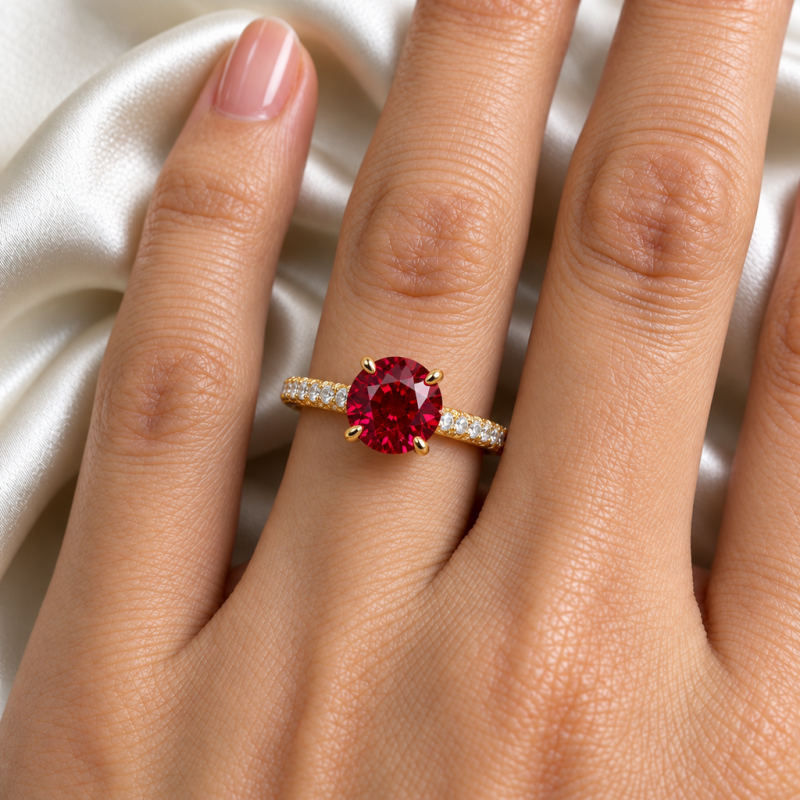 Round Cut Lab Grown Ruby Hidden Halo Pave Engagement Ring  - Image 5