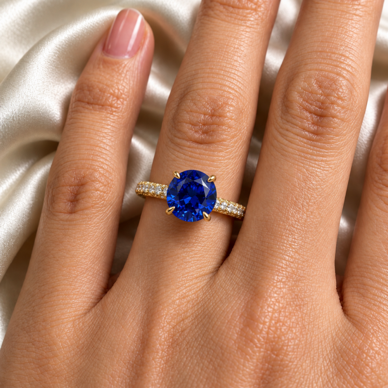 Round Cut Lab Grown Sapphire Hidden Halo Pave Engagement Ring  - Image 5