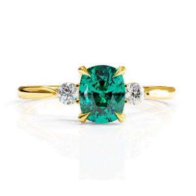 Elongated Cushion Cut Lab Grown Emerald Three Stone Engagement Ring