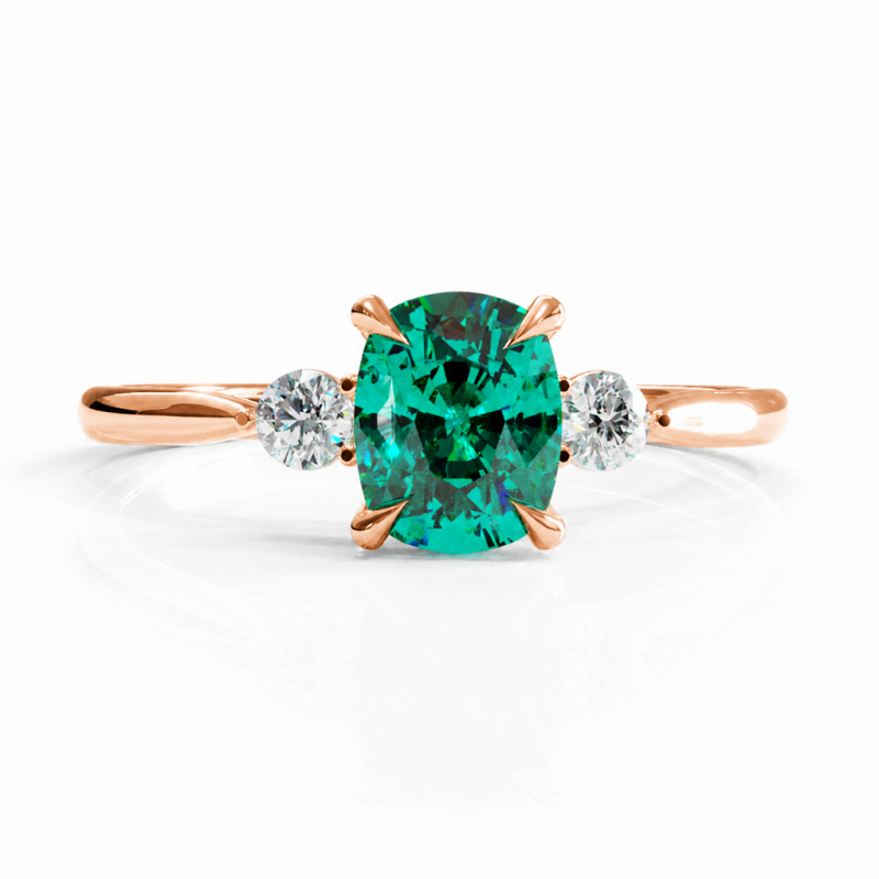 Elongated Cushion Cut Lab Grown Emerald Three Stone Engagement Ring - Image 2