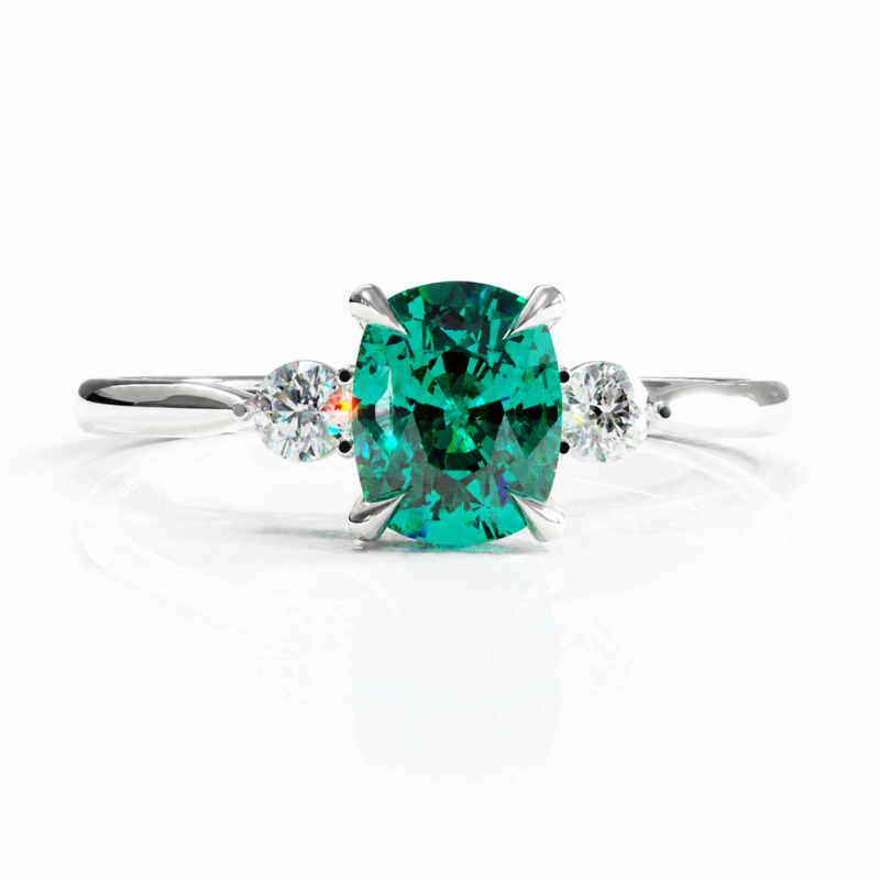 Elongated Cushion Cut Lab Grown Emerald Three Stone Engagement Ring - Image 3
