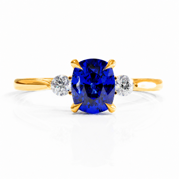 Elongated Cushion Cut Lab Grown Sapphire Three Stone Engagement Ring
