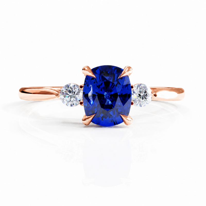 Elongated Cushion Cut Lab Grown Sapphire Three Stone Engagement Ring - Image 2