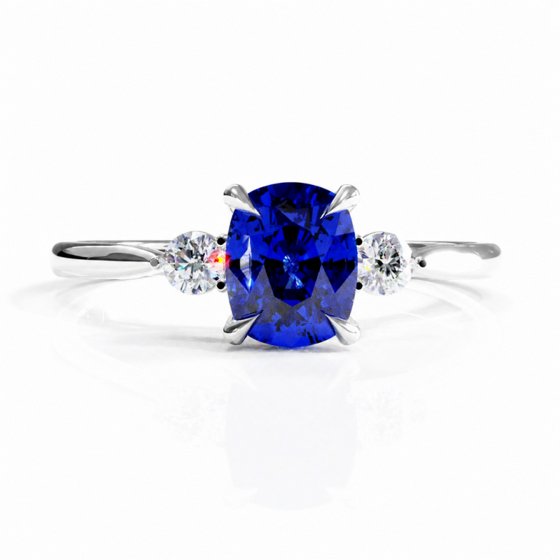 Elongated Cushion Cut Lab Grown Sapphire Three Stone Engagement Ring - Image 3