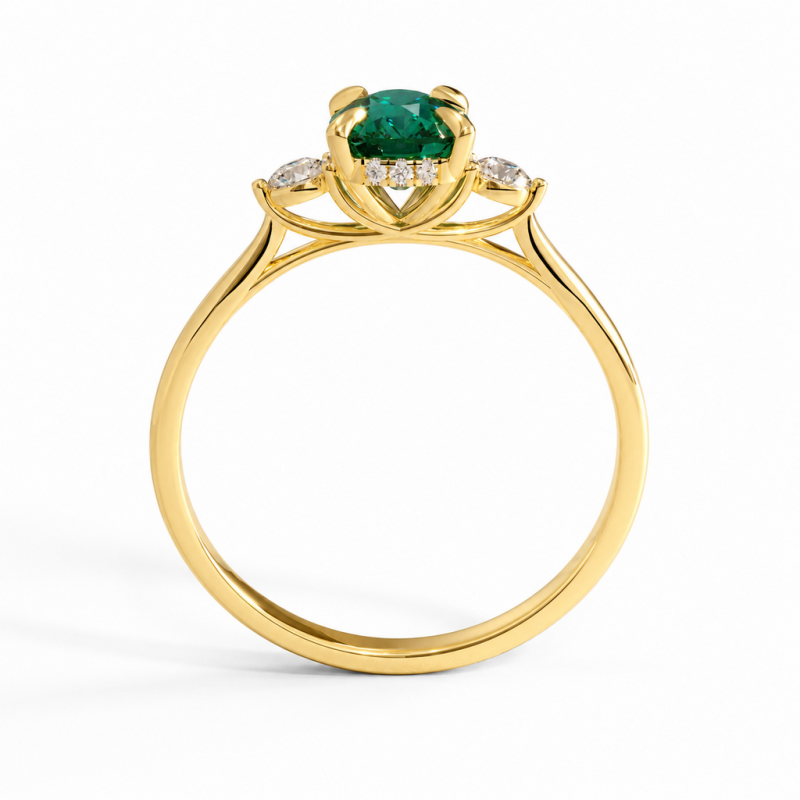 Elongated Cushion Cut Lab Grown Emerald Three Stone Engagement Ring - Image 4