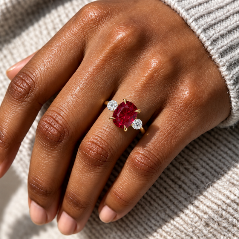 Elongated Cushion Cut Lab Grown Ruby Three Stone Engagement Ring - Image 5