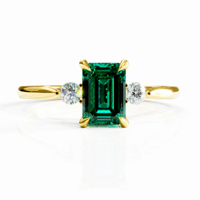 Emerald Cut Lab Grown Emerald Three Stone Engagement Ring