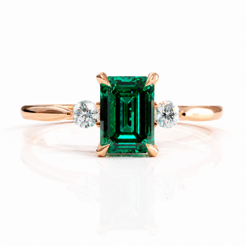 Emerald Cut Lab Grown Emerald Three Stone Engagement Ring - Image 2