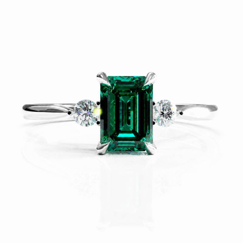 Emerald Cut Lab Grown Emerald Three Stone Engagement Ring - Image 3