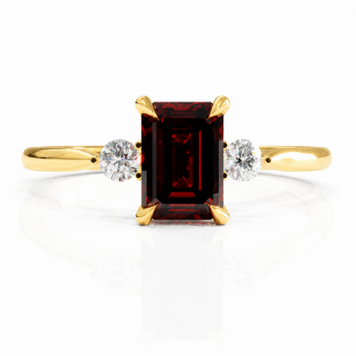 Emerald Cut Lab Grown Ruby Three Stone Engagement Ring