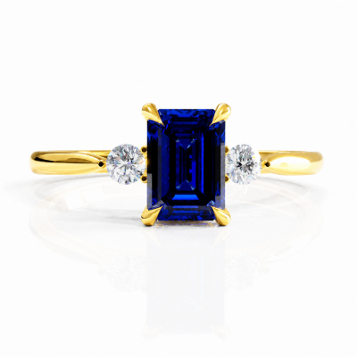 Emerald Cut Lab Grown Sapphire Three Stone Engagement Ring