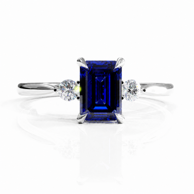 Emerald Cut Lab Grown Sapphire Three Stone Engagement Ring - Image 3