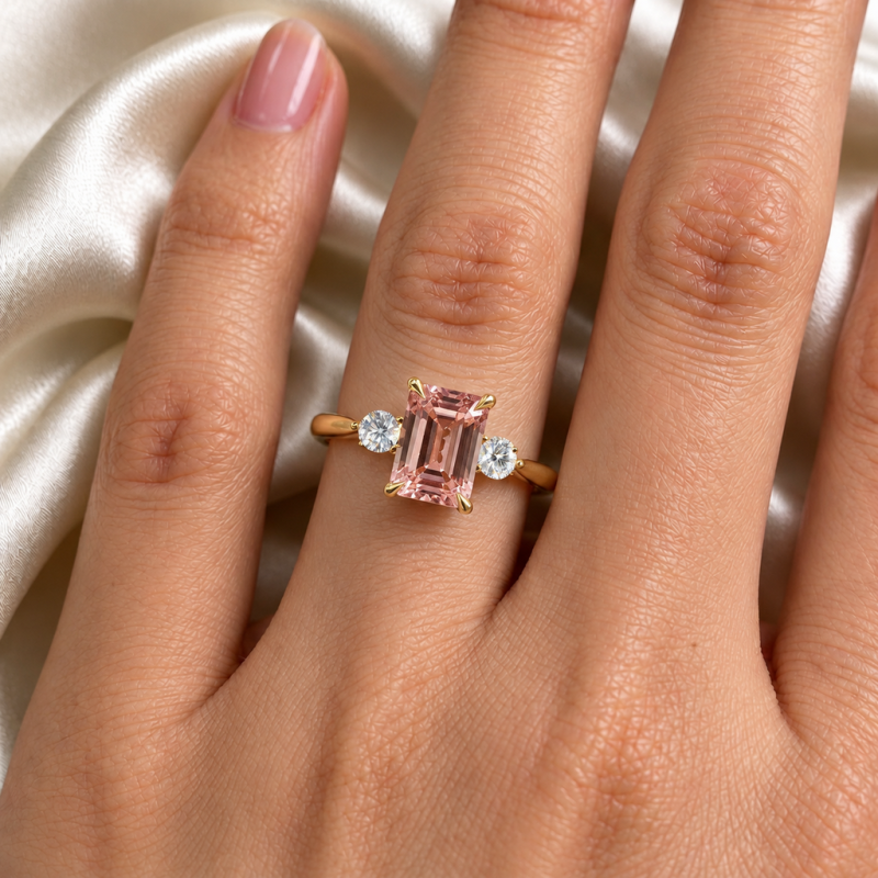 Emerald Cut Lab Grown Morganite Three Stone Engagement Ring - Image 5