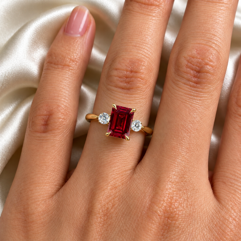 Emerald Cut Lab Grown Ruby Three Stone Engagement Ring - Image 5