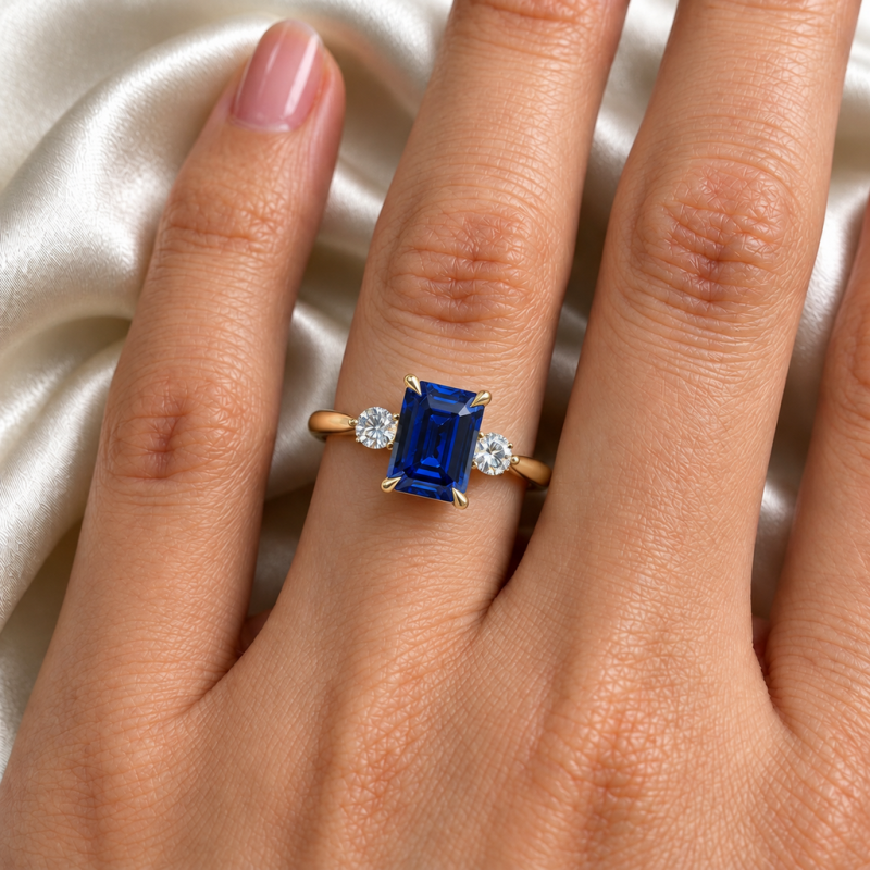 Emerald Cut Lab Grown Sapphire Three Stone Engagement Ring - Image 5