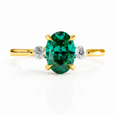 Oval Cut Lab Grown Emerald Three Stone Engagement Ring