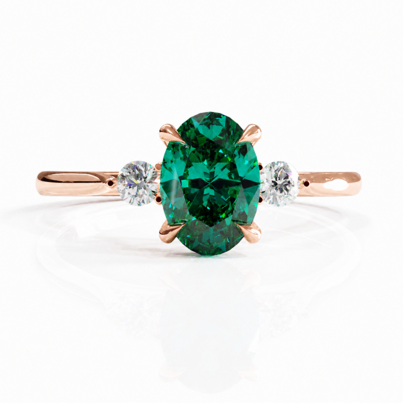 Oval Cut Lab Grown Emerald Three Stone Engagement Ring - Image 2