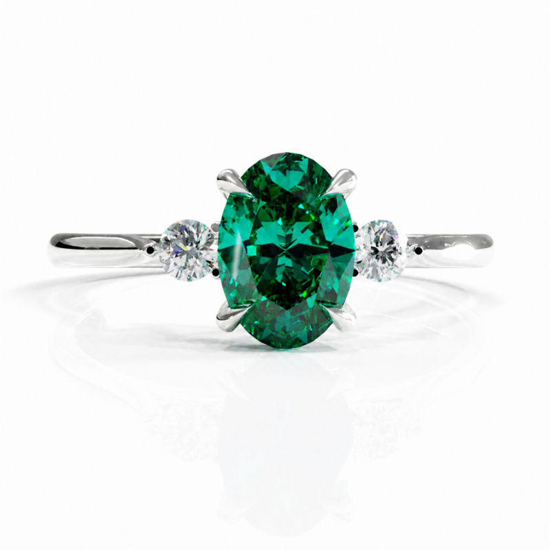 Oval Cut Lab Grown Emerald Three Stone Engagement Ring - Image 3