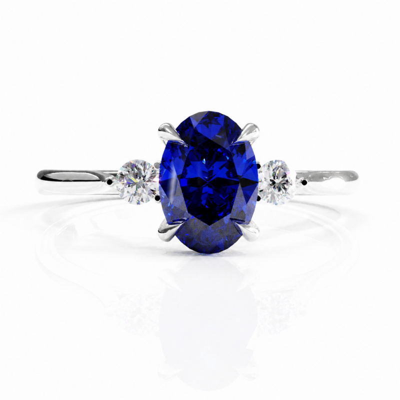Oval Cut Lab Grown Sapphire Three Stone Engagement Ring - Image 3