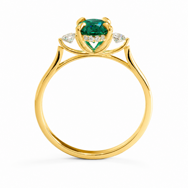 Oval Cut Lab Grown Emerald Three Stone Engagement Ring - Image 4