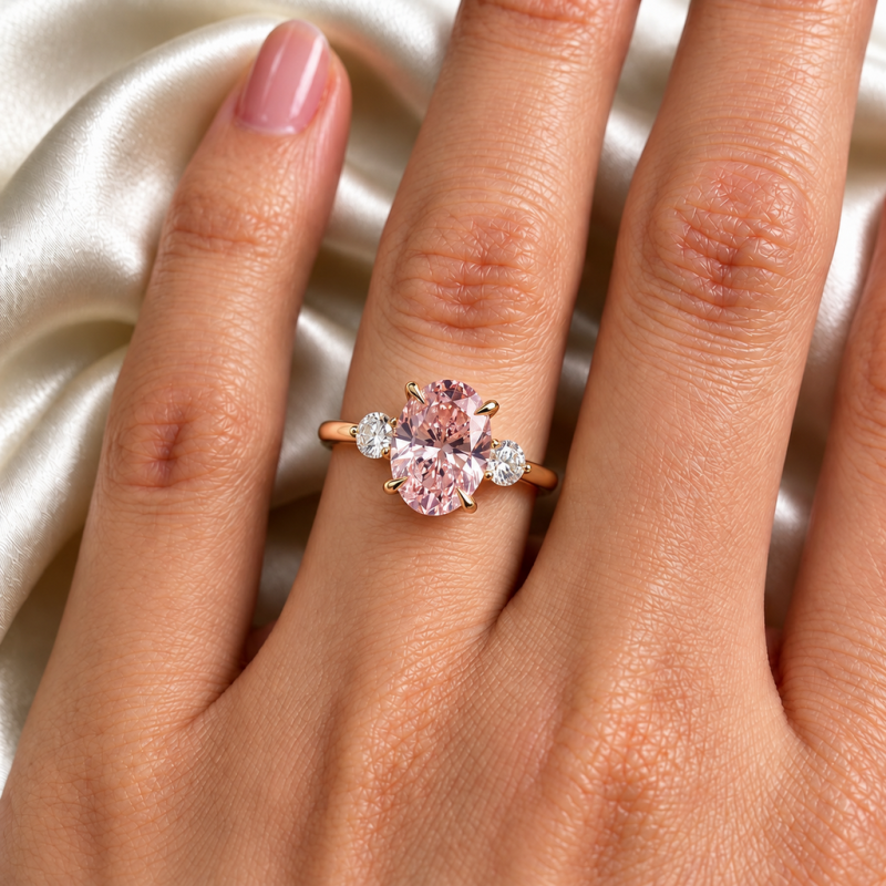 Oval Cut Lab Grown Morganite Three Stone Engagement Ring - Image 5