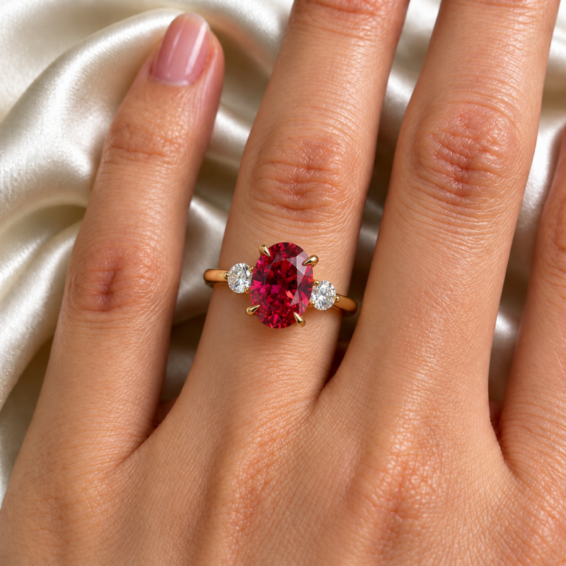 Oval Cut Lab Grown Ruby Three Stone Engagement Ring - Image 5
