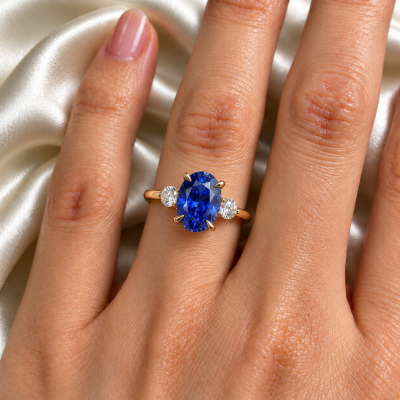 Oval Cut Lab Grown Sapphire Three Stone Engagement Ring - Image 5