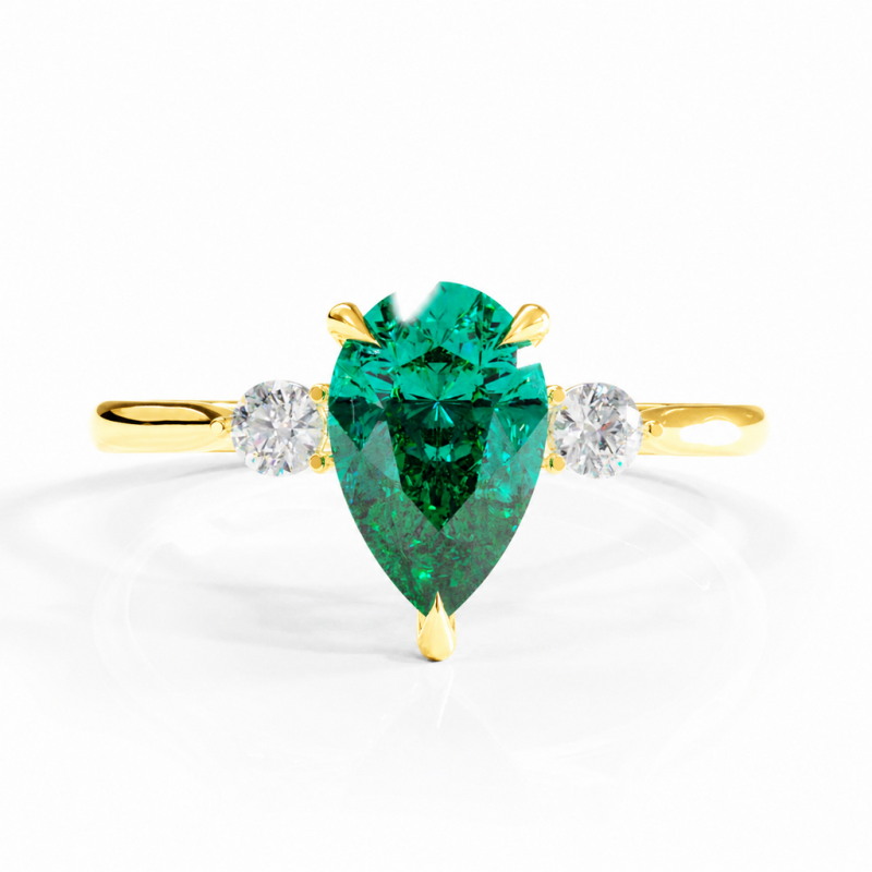 Pear Cut Lab Grown Emerald Three Stone Engagement Ring - Image 1