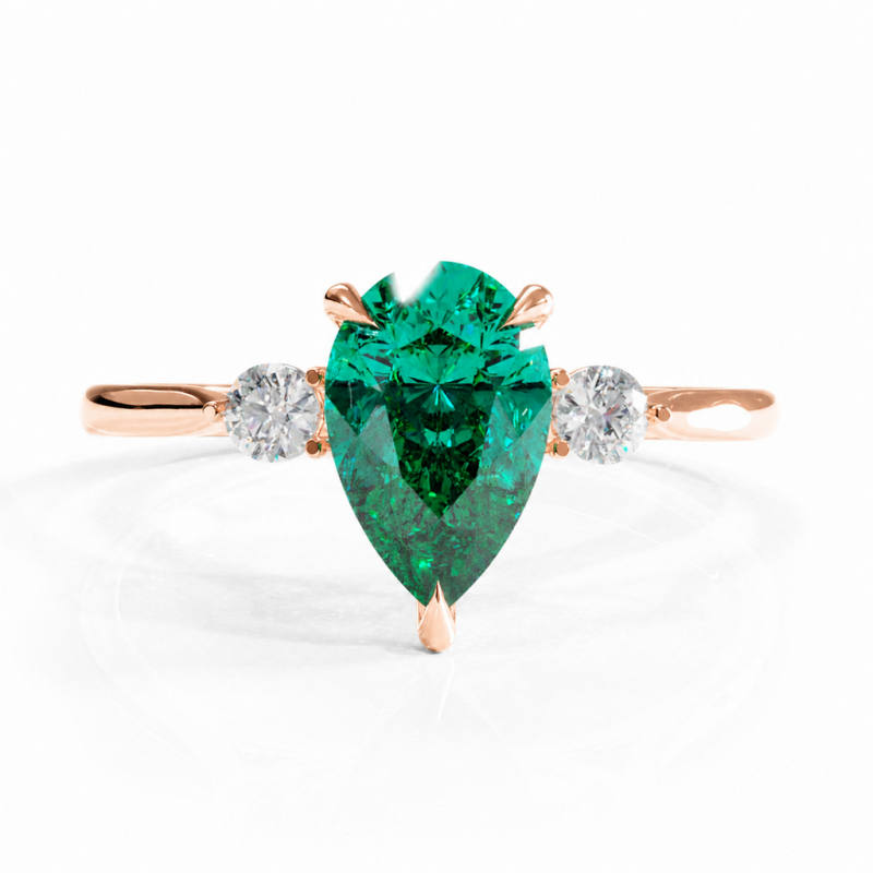 Pear Cut Lab Grown Emerald Three Stone Engagement Ring - Image 2