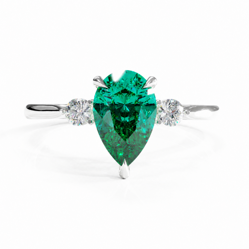 Pear Cut Lab Grown Emerald Three Stone Engagement Ring - Image 3