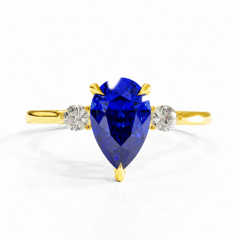 Pear Cut Lab Grown Sapphire Three Stone Engagement Ring - Image 1