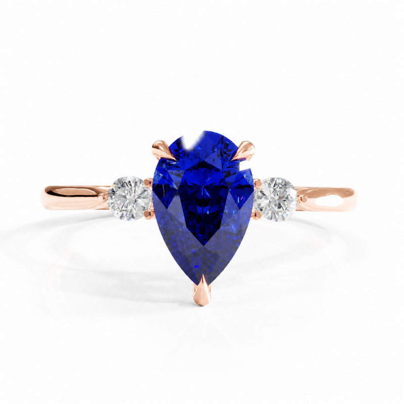 Pear Cut Lab Grown Sapphire Three Stone Engagement Ring - Image 2
