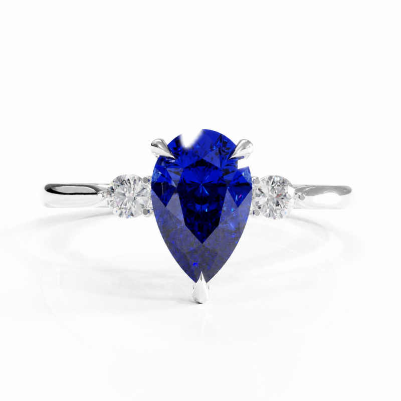 Pear Cut Lab Grown Sapphire Three Stone Engagement Ring - Image 3