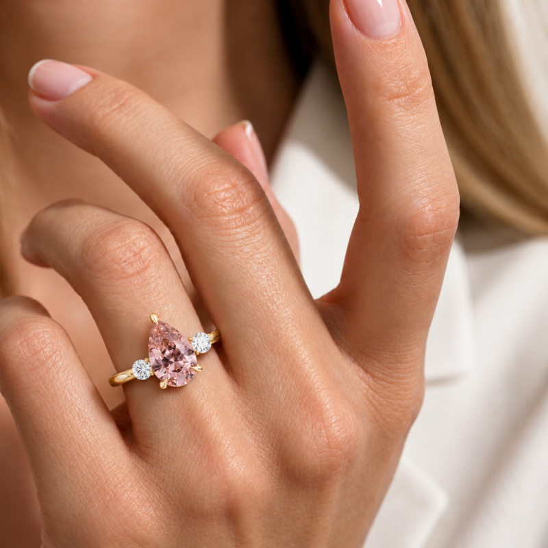 Pear Cut Lab Grown Morganite Three Stone Engagement Ring - Image 5
