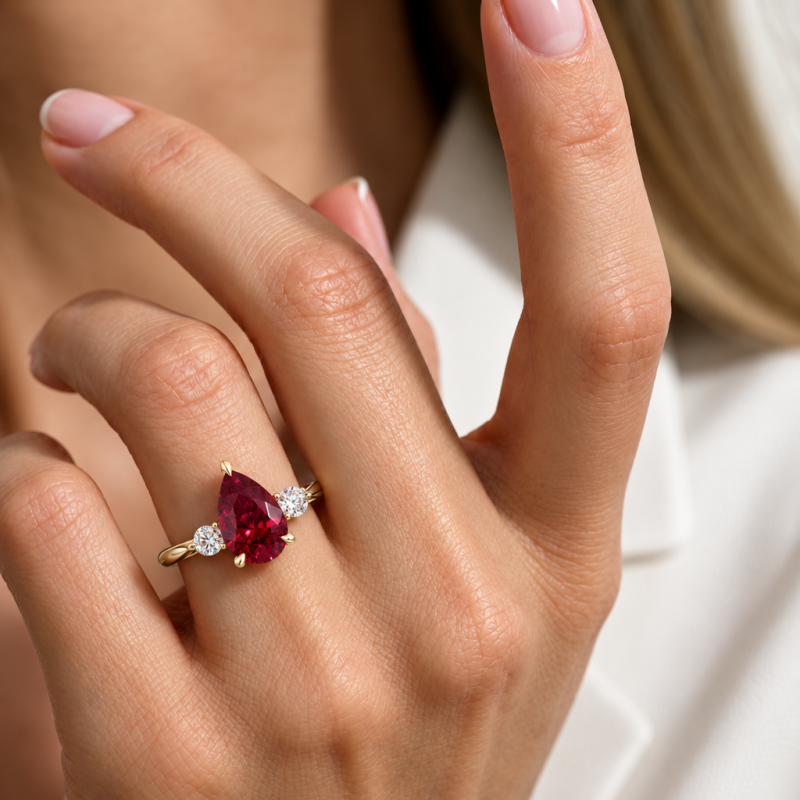 Pear Cut Lab Grown Ruby Three Stone Engagement Ring - Image 5