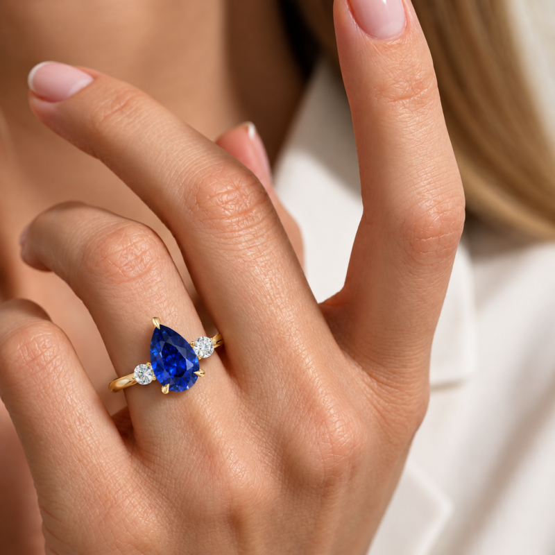 Pear Cut Lab Grown Sapphire Three Stone Engagement Ring - Image 5
