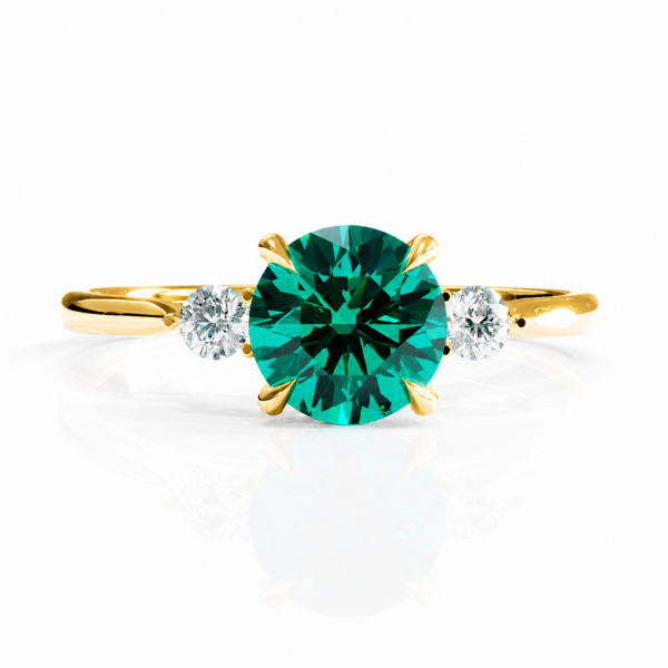Round Cut Lab Grown Emerald Three Stone Engagement Ring