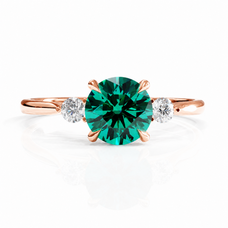 Round Cut Lab Grown Emerald Three Stone Engagement Ring - Image 2