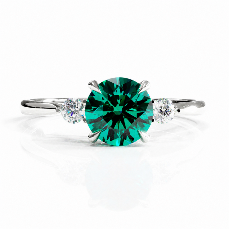 Round Cut Lab Grown Emerald Three Stone Engagement Ring - Image 3