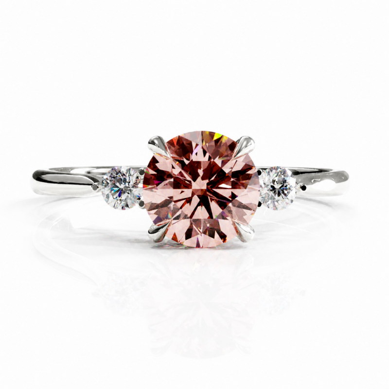 Round Cut Lab Grown Morganite Three Stone Engagement Ring - Image 3