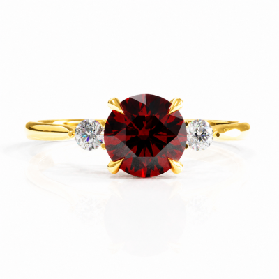 Round Cut Lab Grown Ruby Three Stone Engagement Ring